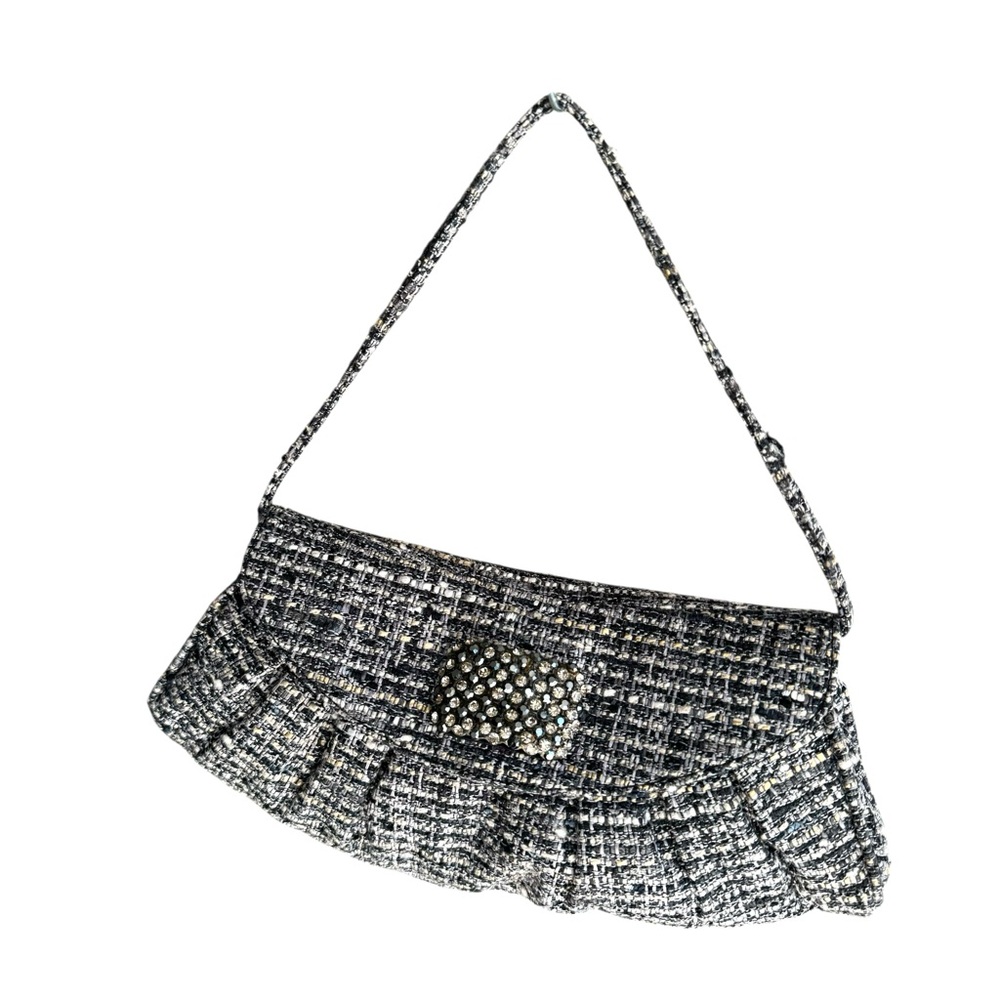 NEW Stuart Weitzman Tweed Rhinestone Flap Bag Grey Small Shoulder Bag Clutch - Picture 7 of 15